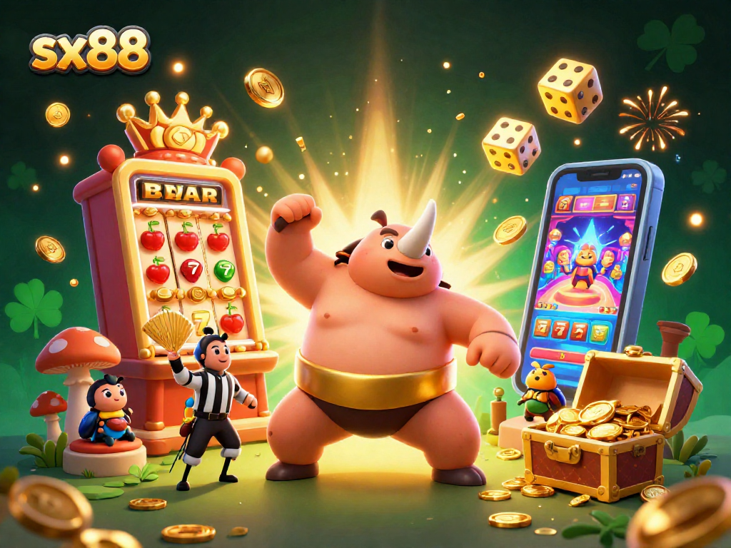 Engage with sx88's dynamic casino scene featuring a sumo beetle champion and thrilling elements.