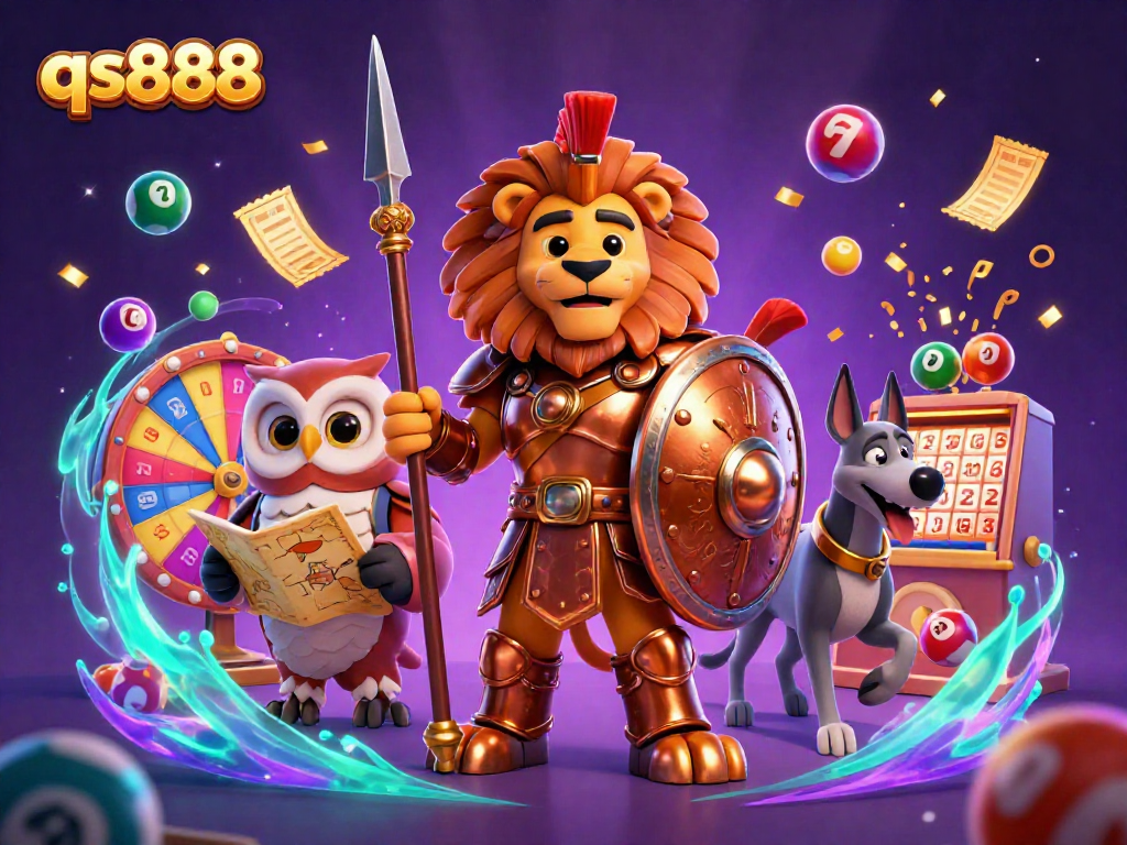 Experience the thrilling world of qs888 with dynamic lottery and casino elements in a vibrant 3D scene.