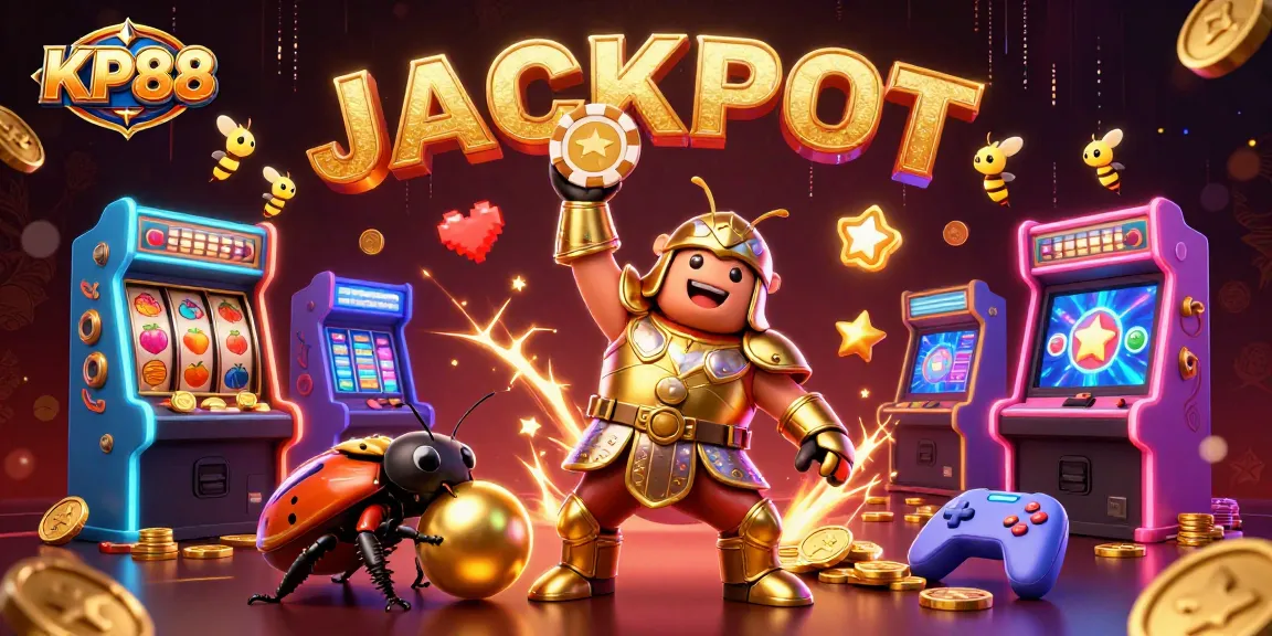 Experience thrilling wins at KP88 with this dynamic casino illustration featuring game elements and victory poses.