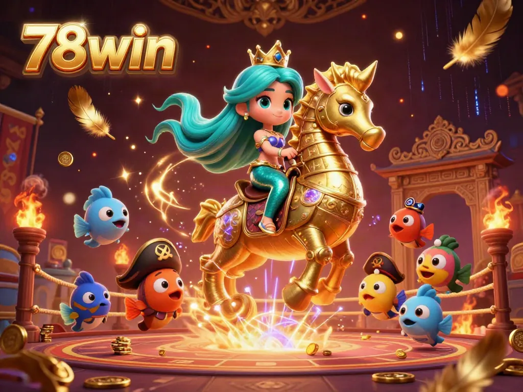 Experience thrills with the 78win mermaid and seahorse in a vibrant casino scene filled with gold coins and energy.