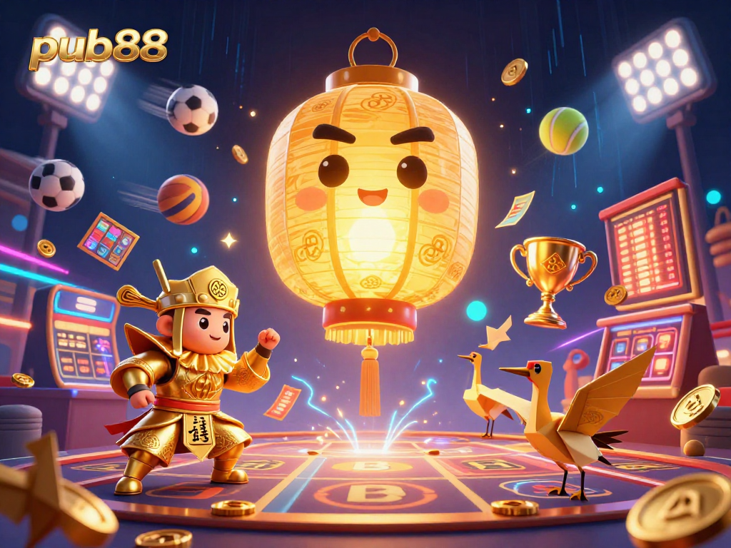 Bet on excitement with pub88's vibrant casino scene featuring golden lanterns and dynamic sports elements.