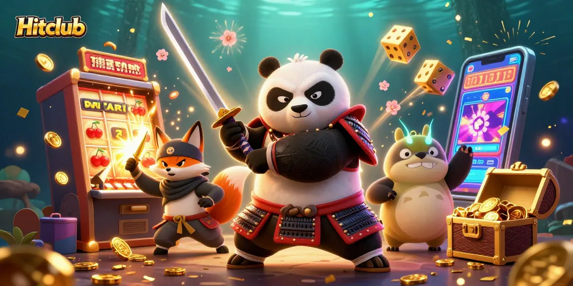 Win big at Hitclub with a 3D samurai panda, ninja fox, and magical tanuki amid vibrant casino elements.