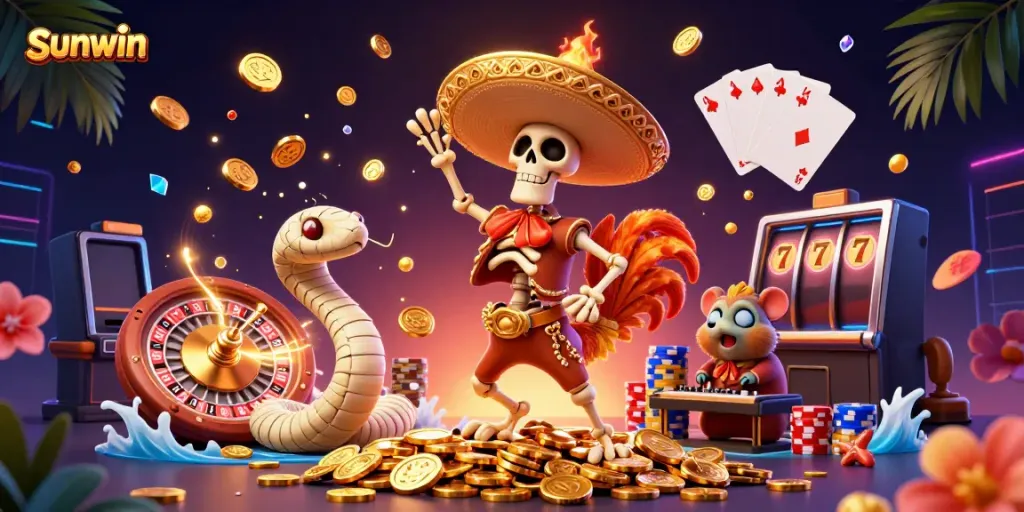 Experience thrills and victories at Sunwin with a festive 3D gaming scene full of characters and casino elements.