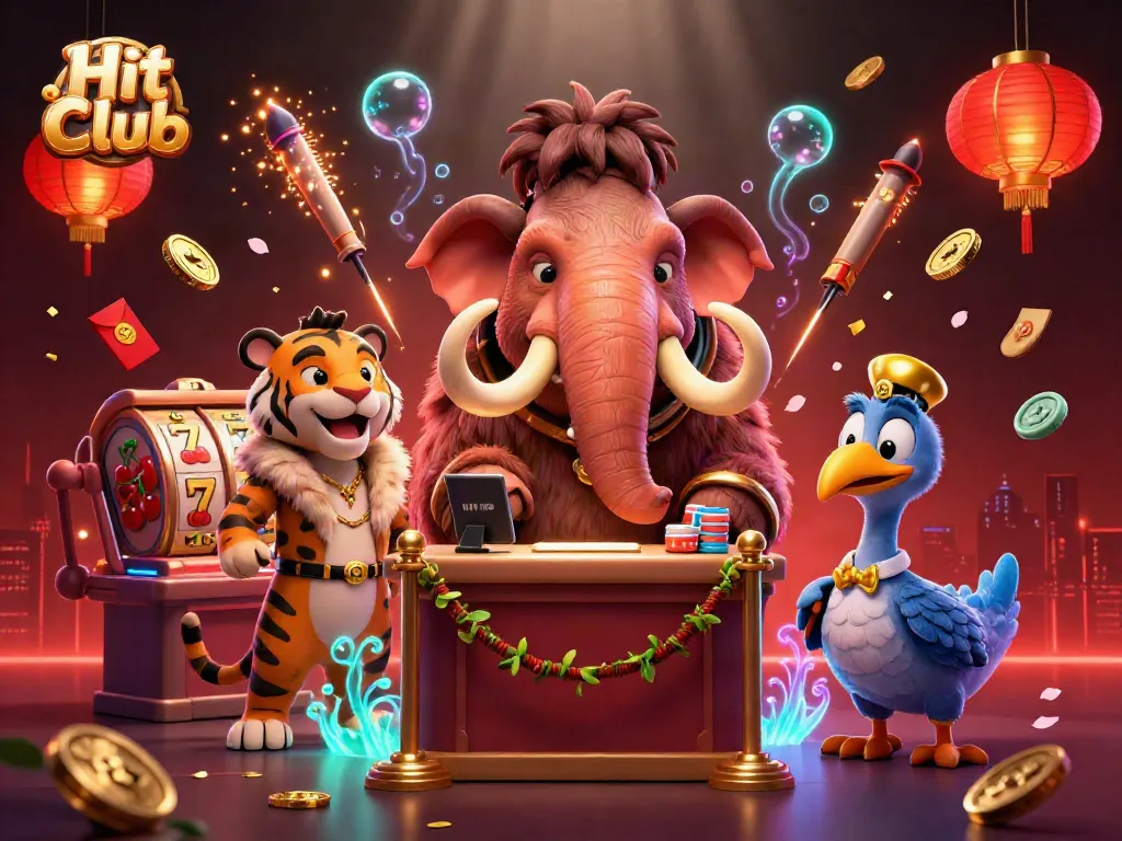 Experience the vibrant Hit Club casino scene with a woolly mammoth bouncer checking IDs amidst dynamic gaming symbols and festive decorations.