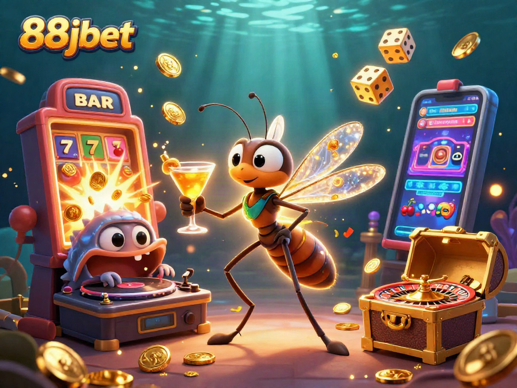 Experience thrilling gaming at 88jbet with vibrant characters and exciting casino elements in this lively illustration.