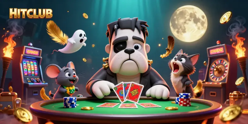 Experience the thrill at HITCLUB with a whimsical 3D casino scene featuring unique characters.