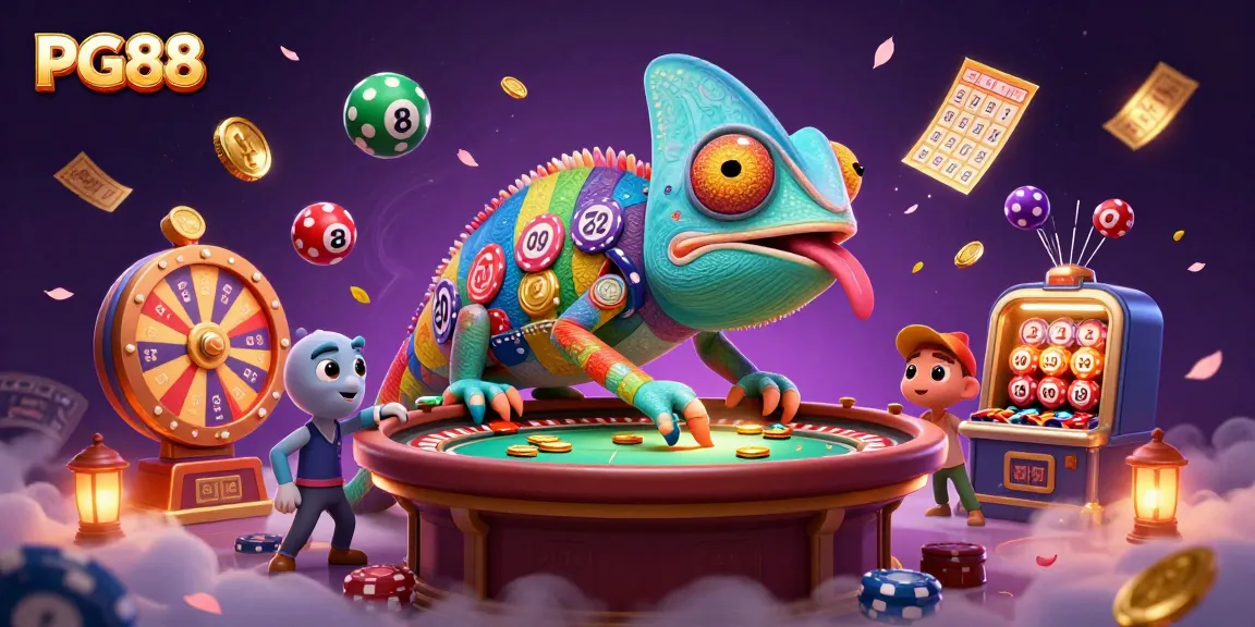 Experience thrilling gaming at PG88 with a vibrant chameleon casino owner and dynamic game elements.