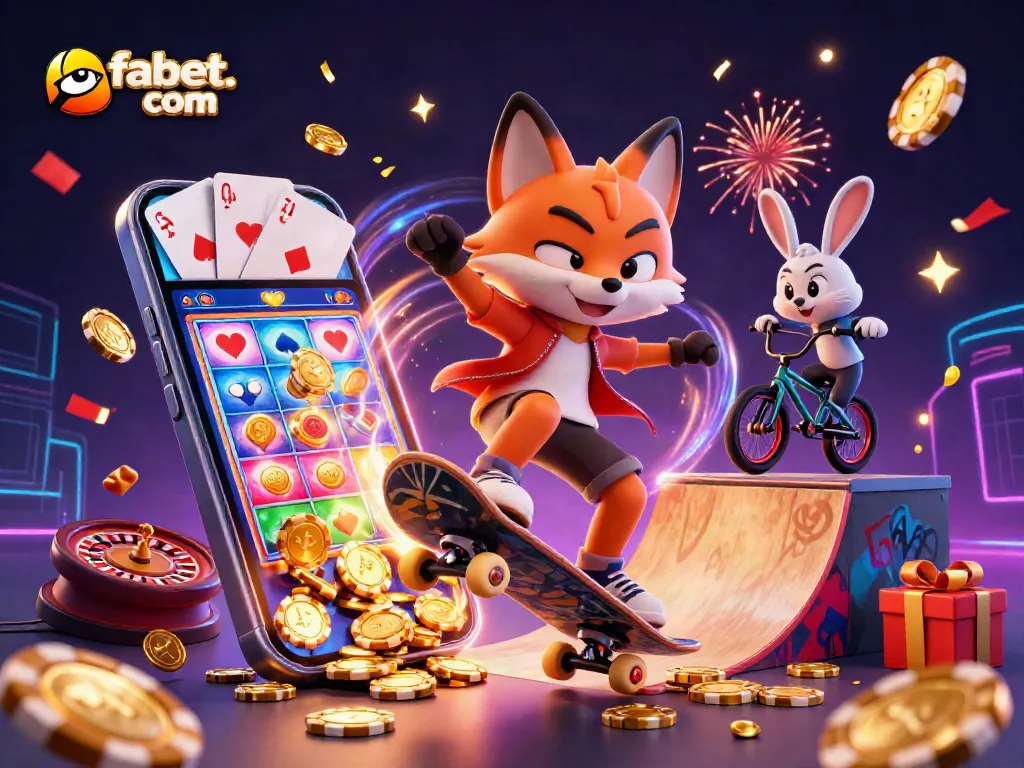 Experience the excitement of fabet.com with a vibrant 3D illustration featuring a skateboarder fox and BMX rabbit in a casino-themed scene.