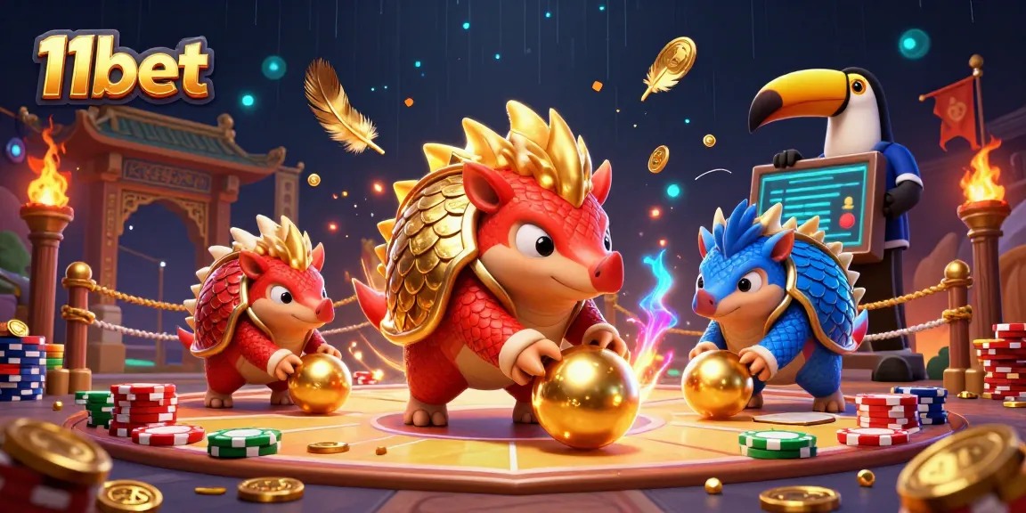 Engage in thrilling play with 11bet's animated pangolin duel amidst golden casino rewards.