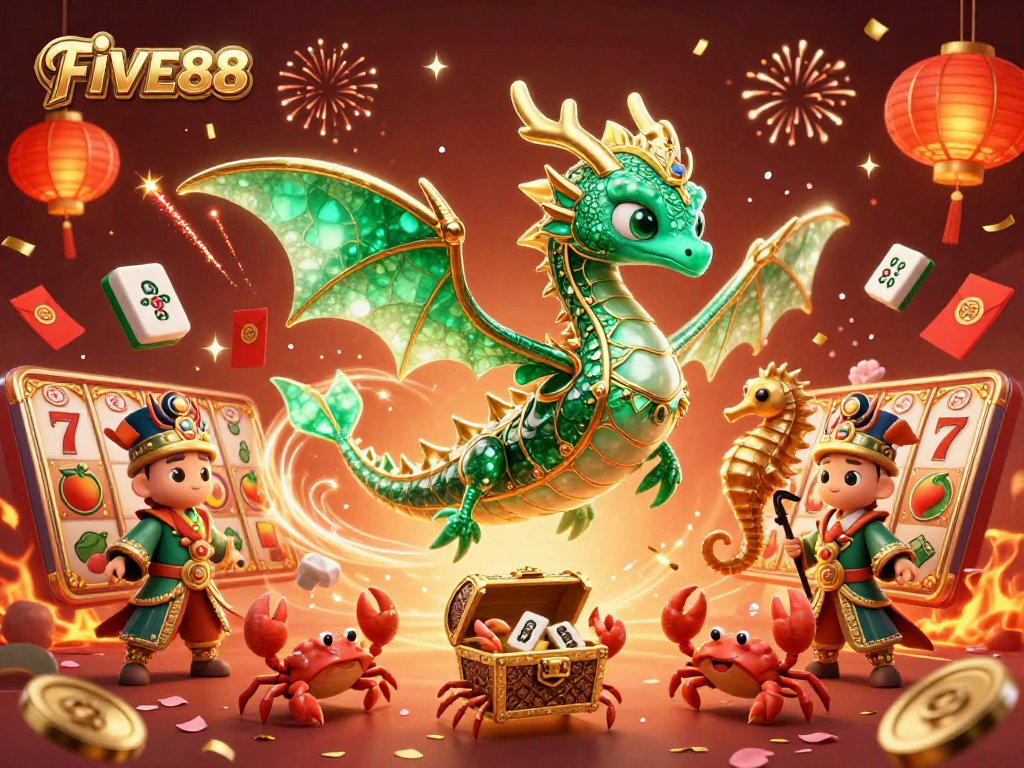 Experience excitement with FIVE88 in a vibrant animated casino adventure scene filled with games and celebrations.