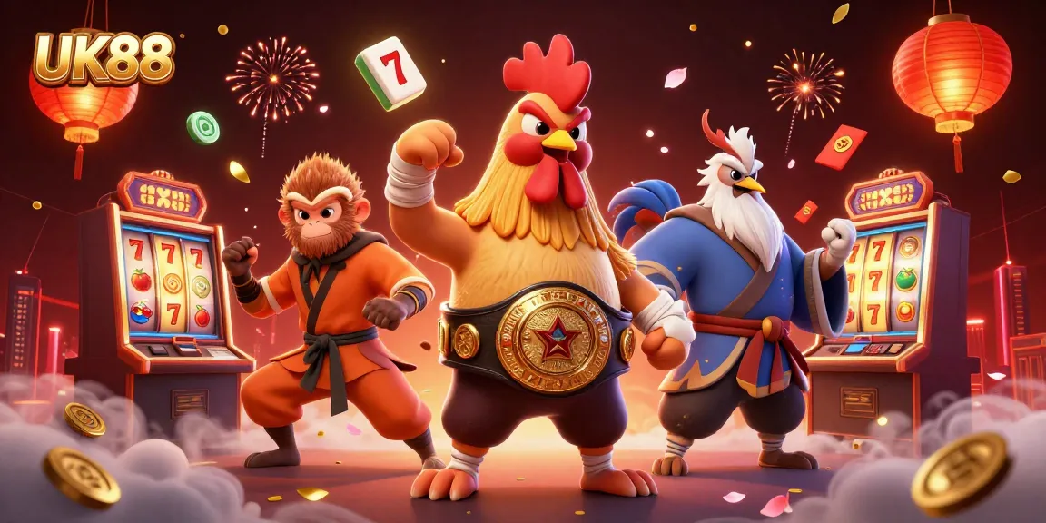 Win big at UK88 with a vibrant 3D casino scene featuring slot games and festive elements.