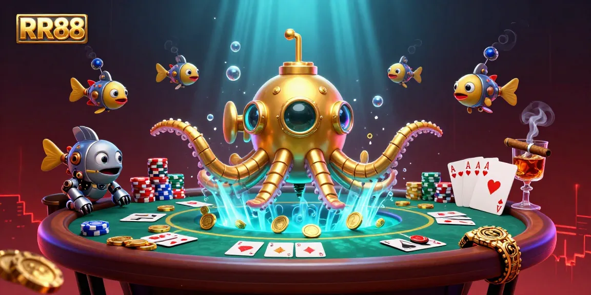 Join the RR88 digital casino adventure with a vibrant poker scene amidst a sea of gold coins.