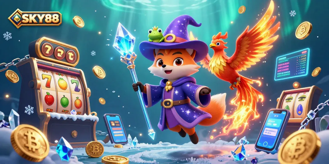Engage in thrilling gameplay at SKY88 with a mystical wizard fox and vibrant casino backdrop.