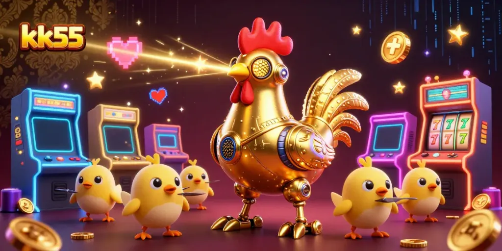 Engage with the KK55 gaming adventure featuring a golden robot and colorful slot machines.