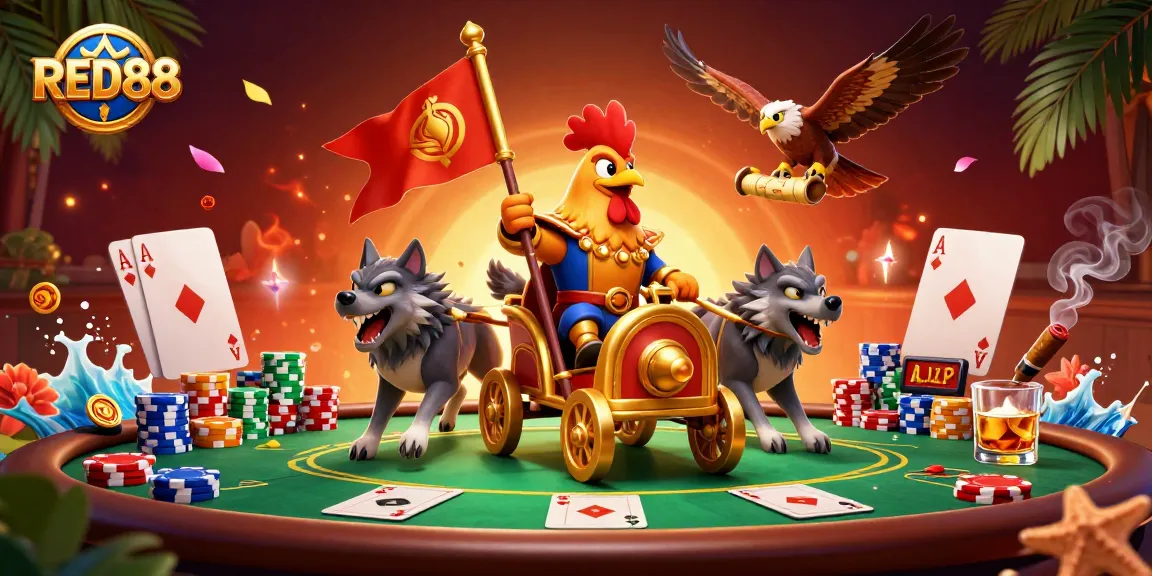 Experience thrilling gameplay at RED88 with a vibrant poker scene featuring a rooster warlord.