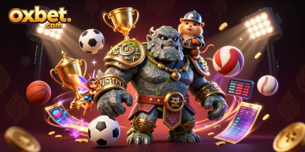 Engage with exciting games at oxbet. com, featuring dynamic animations of a golem guardian and a knight in action.