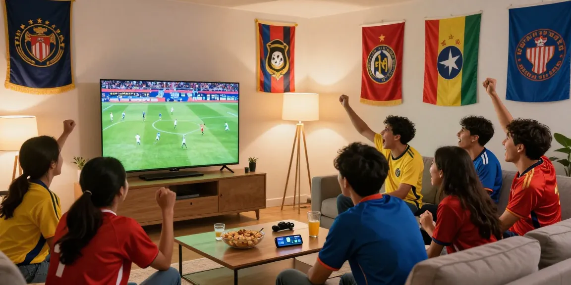 أصدقاء يستمتعون بمشاهدة مباراة مباشرة على koora tv في غرفة معيشة حديثة.